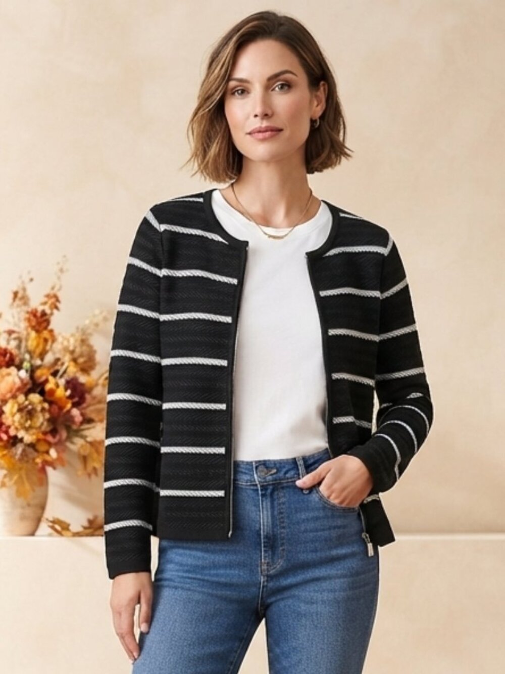 Jones New York Striped Zip Front Knit Cardigan Black White Womens Layering Sz M